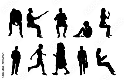 Vector silhouettes, Outline silhouettes of people, Contour drawing, people silhouette, Icon Set Isolated, Silhouette of sitting people, Architectural set	
