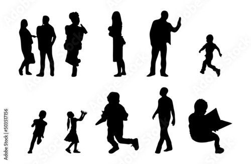 Vector silhouettes, Outline silhouettes of people, Contour drawing, people silhouette, Icon Set Isolated, Silhouette of sitting people, Architectural set	
