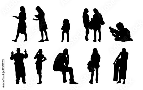 Vector silhouettes, Outline silhouettes of people, Contour drawing, people silhouette, Icon Set Isolated, Silhouette of sitting people, Architectural set	

