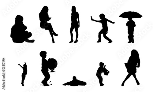Vector silhouettes, Outline silhouettes of people, Contour drawing, people silhouette, Icon Set Isolated, Silhouette of sitting people, Architectural set	

