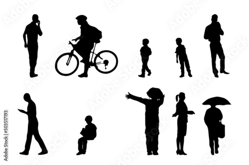 Vector silhouettes, Outline silhouettes of people, Contour drawing, people silhouette, Icon Set Isolated, Silhouette of sitting people, Architectural set	
