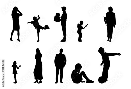 Vector silhouettes, Outline silhouettes of people, Contour drawing, people silhouette, Icon Set Isolated, Silhouette of sitting people, Architectural set	
