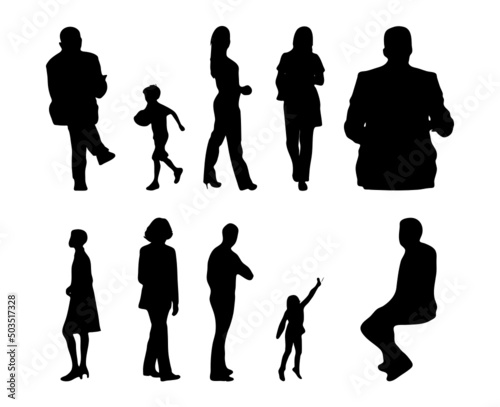 Vector silhouettes, Outline silhouettes of people, Contour drawing, people silhouette, Icon Set Isolated, Silhouette of sitting people, Architectural set	
