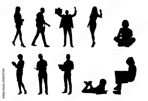 Vector silhouettes, Outline silhouettes of people, Contour drawing, people silhouette, Icon Set Isolated, Silhouette of sitting people, Architectural set	
