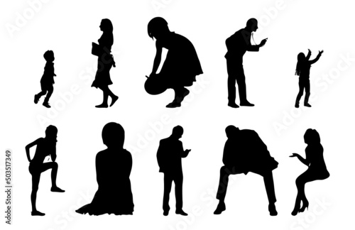Vector silhouettes, Outline silhouettes of people, Contour drawing, people silhouette, Icon Set Isolated, Silhouette of sitting people, Architectural set	
