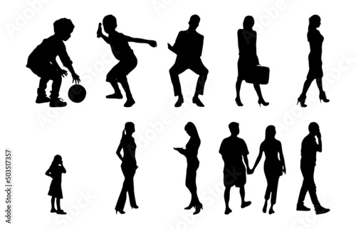 Vector silhouettes, Outline silhouettes of people, Contour drawing, people silhouette, Icon Set Isolated, Silhouette of sitting people, Architectural set	
