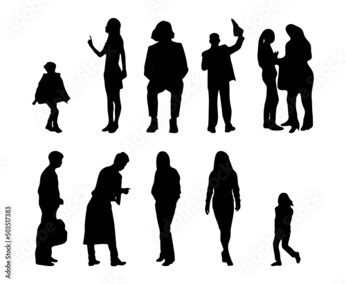 Vector silhouettes, Outline silhouettes of people, Contour drawing, people silhouette, Icon Set Isolated, Silhouette of sitting people, Architectural set	
