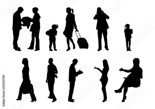 Vector silhouettes, Outline silhouettes of people, Contour drawing, people silhouette, Icon Set Isolated, Silhouette of sitting people, Architectural set	
