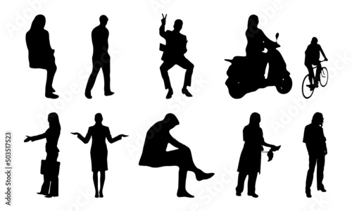 Vector silhouettes, Outline silhouettes of people, Contour drawing, people silhouette, Icon Set Isolated, Silhouette of sitting people, Architectural set	
