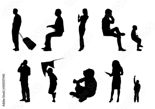 Vector silhouettes, Outline silhouettes of people, Contour drawing, people silhouette, Icon Set Isolated, Silhouette of sitting people, Architectural set	
