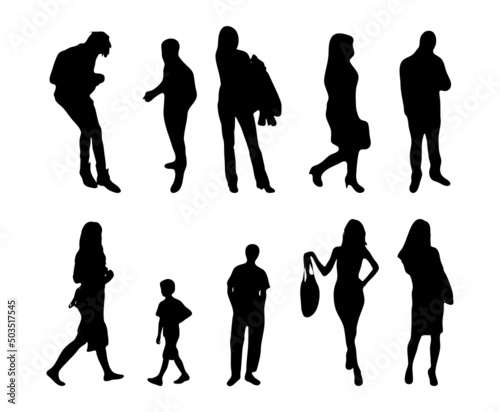 Vector silhouettes, Outline silhouettes of people, Contour drawing, people silhouette, Icon Set Isolated, Silhouette of sitting people, Architectural set	
