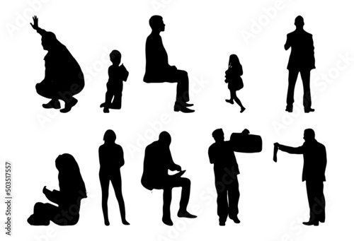 Vector silhouettes, Outline silhouettes of people, Contour drawing, people silhouette, Icon Set Isolated, Silhouette of sitting people, Architectural set	
