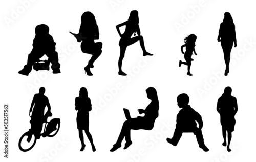 Vector silhouettes, Outline silhouettes of people, Contour drawing, people silhouette, Icon Set Isolated, Silhouette of sitting people, Architectural set	
