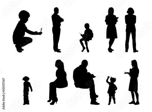 Vector silhouettes, Outline silhouettes of people, Contour drawing, people silhouette, Icon Set Isolated, Silhouette of sitting people, Architectural set	
