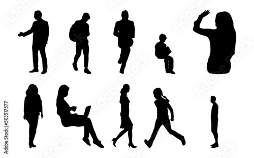 Vector silhouettes, Outline silhouettes of people, Contour drawing, people silhouette, Icon Set Isolated, Silhouette of sitting people, Architectural set	
