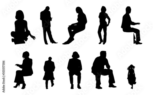 Vector silhouettes, Outline silhouettes of people, Contour drawing, people silhouette, Icon Set Isolated, Silhouette of sitting people, Architectural set	

