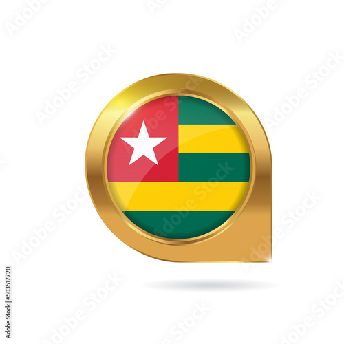 Free Download Flag of Togo, location map pin, pointer flag, button with the reflection of light and shadow, gold frame, Icon country. Realistic vector illustration on white background. - GFXLoad
