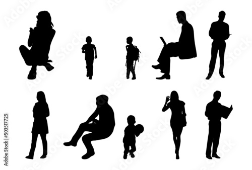 Vector silhouettes, Outline silhouettes of people, Contour drawing, people silhouette, Icon Set Isolated, Silhouette of sitting people, Architectural set	
