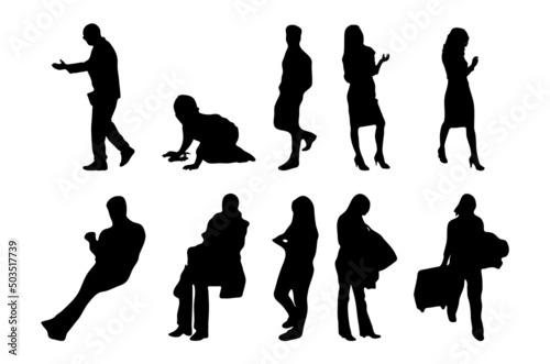 Vector silhouettes, Outline silhouettes of people, Contour drawing, people silhouette, Icon Set Isolated, Silhouette of sitting people, Architectural set	

