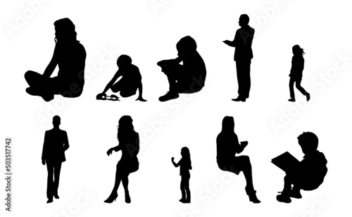 Vector silhouettes, Outline silhouettes of people, Contour drawing, people silhouette, Icon Set Isolated, Silhouette of sitting people, Architectural set	
