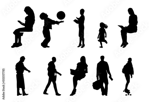 Vector silhouettes, Outline silhouettes of people, Contour drawing, people silhouette, Icon Set Isolated, Silhouette of sitting people, Architectural set	
