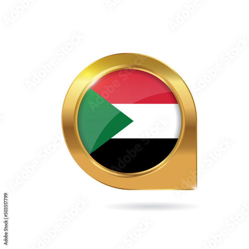 Free Download Flag of Sudan, location map pin, pointer flag, button with the reflection of light and shadow, gold frame, Icon country. Realistic vector illustration on white background. - GFXLoad
