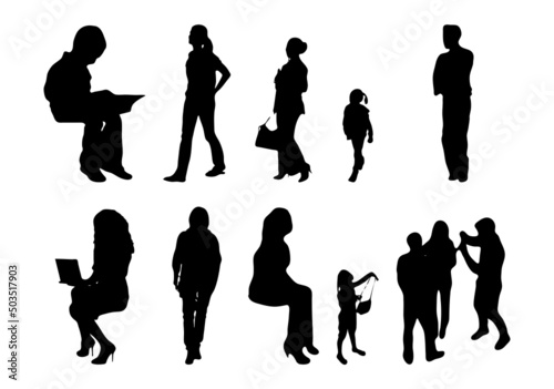 Vector silhouettes, Outline silhouettes of people, Contour drawing, people silhouette, Icon Set Isolated, Silhouette of sitting people, Architectural set	