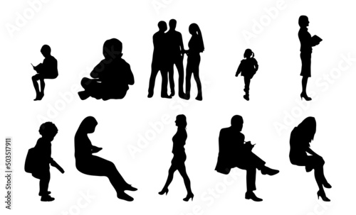 Vector silhouettes, Outline silhouettes of people, Contour drawing, people silhouette, Icon Set Isolated, Silhouette of sitting people, Architectural set	