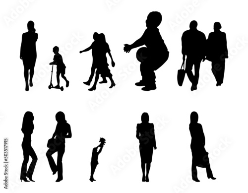 Vector silhouettes, Outline silhouettes of people, Contour drawing, people silhouette, Icon Set Isolated, Silhouette of sitting people, Architectural set	