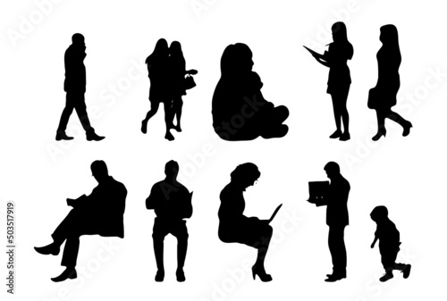 Vector silhouettes, Outline silhouettes of people, Contour drawing, people silhouette, Icon Set Isolated, Silhouette of sitting people, Architectural set	