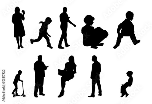 Vector silhouettes, Outline silhouettes of people, Contour drawing, people silhouette, Icon Set Isolated, Silhouette of sitting people, Architectural set	