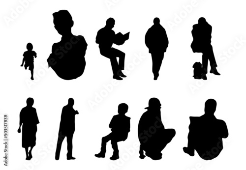 Vector silhouettes, Outline silhouettes of people, Contour drawing, people silhouette, Icon Set Isolated, Silhouette of sitting people, Architectural set	