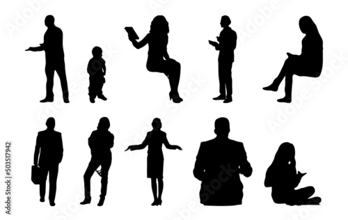 Vector silhouettes, Outline silhouettes of people, Contour drawing, people silhouette, Icon Set Isolated, Silhouette of sitting people, Architectural set	
