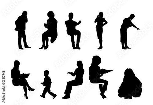 Vector silhouettes, Outline silhouettes of people, Contour drawing, people silhouette, Icon Set Isolated, Silhouette of sitting people, Architectural set	