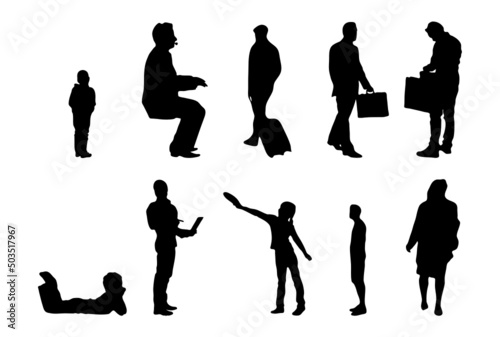 Vector silhouettes, Outline silhouettes of people, Contour drawing, people silhouette, Icon Set Isolated, Silhouette of sitting people, Architectural set	
