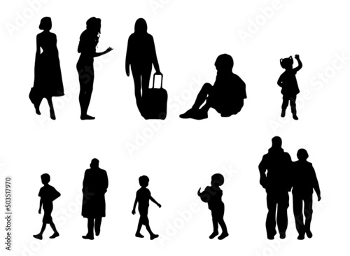 Vector silhouettes, Outline silhouettes of people, Contour drawing, people silhouette, Icon Set Isolated, Silhouette of sitting people, Architectural set	
