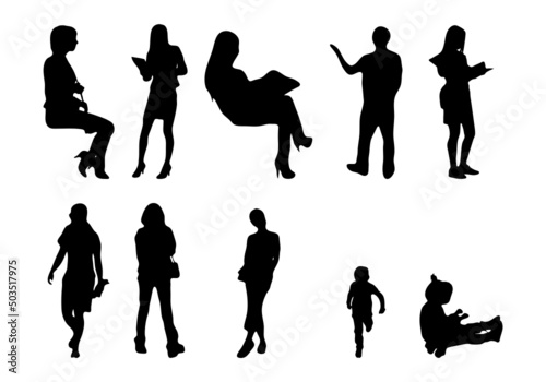 Vector silhouettes, Outline silhouettes of people, Contour drawing, people silhouette, Icon Set Isolated, Silhouette of sitting people, Architectural set	
