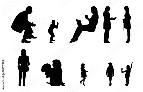 Vector silhouettes, Outline silhouettes of people, Contour drawing, people silhouette, Icon Set Isolated, Silhouette of sitting people, Architectural set	

