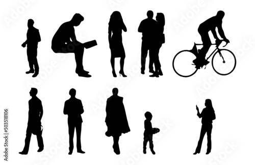 Vector silhouettes, Outline silhouettes of people, Contour drawing, people silhouette, Icon Set Isolated, Silhouette of sitting people, Architectural set	
