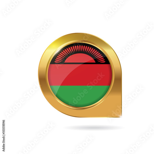 Flag of Malawi, location map pin, pointer flag, button with the reflection of light and shadow, gold frame, Icon country. Realistic vector illustration on white background. Free Download Flag of Malawi, location map pin, pointer flag, button with the reflection of light and shadow, gold frame, Icon country. Realistic vector illustration on white background. - GFXLoad