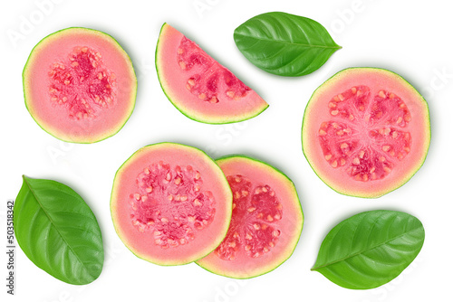 Guava fruit slices isolated on white background with clipping path and full depth of field. Top view. Flat lay