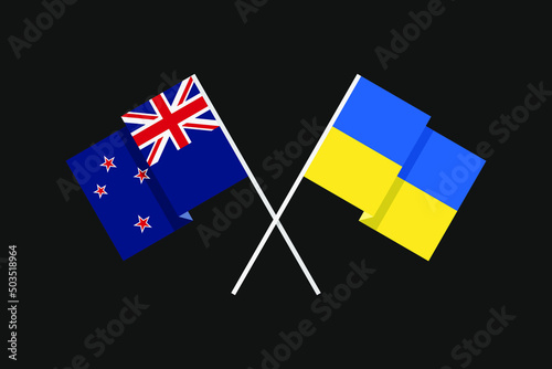 Flags of the countries of Ukraine and New Zealand (Polynesia) in national colors. Help and support from friendly countries. Flat minimal graphic design.