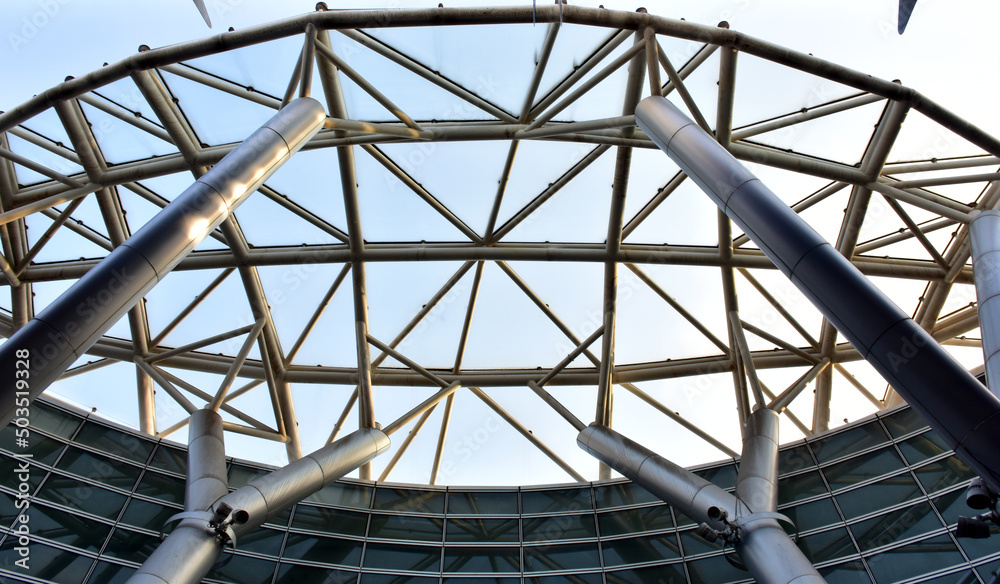Steel Roof Structure protruding from the building to prevent rain in front of a building in Thailand. Steel Roof Structure protruding from the building to prevent rain in front of a building in Thailand.