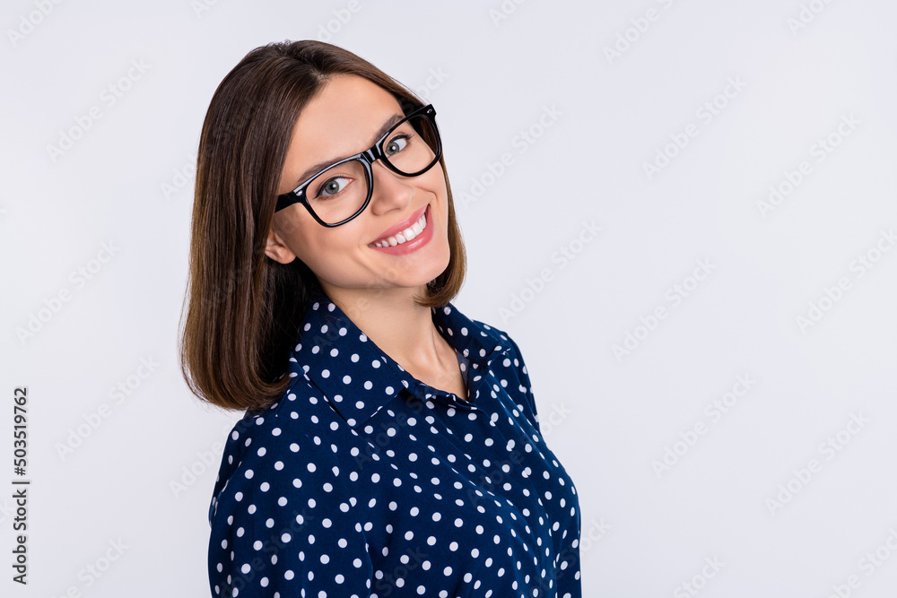 Profile side photo of young cheerful woman good mood marketer promoter isolated over grey color background Profile side photo of young cheerful woman good mood marketer promoter isolated over grey color background