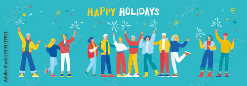 Group of happy young fashion-dressed people celebrating the holidays and holding sparkles. Flat cartoon colorful vector illustration. Isolated images on a blue background.