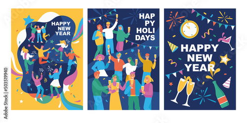 Set of posters with happy young fashion-dressed people celebrating the New Year.  Flat cartoon colorful vector illustration. Templates for card, banner or flyer.  