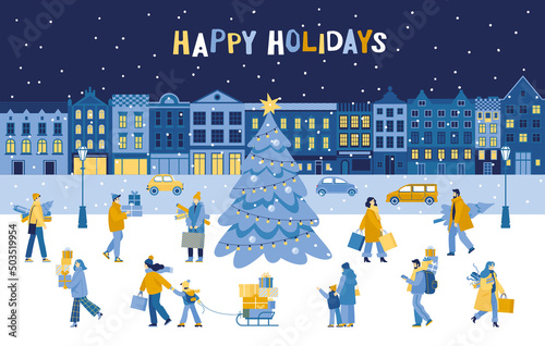 Wallpaper Mural Christmas banner template. Winter holiday street with buildings, cars, Christmas tree and church. People walking, carrying boxes of gifts and shopping bags. Vector cartoon illustration. Flat style.  Torontodigital.ca