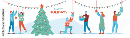 Group of happy young people decorating Christmas tree and preparing for Christmas. Flat cartoon colorful vector illustration. Isolated images on white background.
