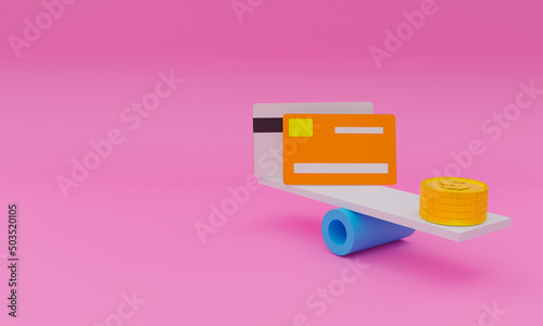 3d illustration, credit cards and golden coins, on a balanced table, copy space 3d rendering