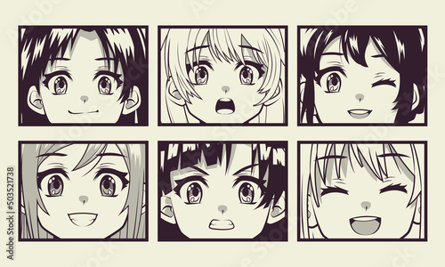 six girls anime faces